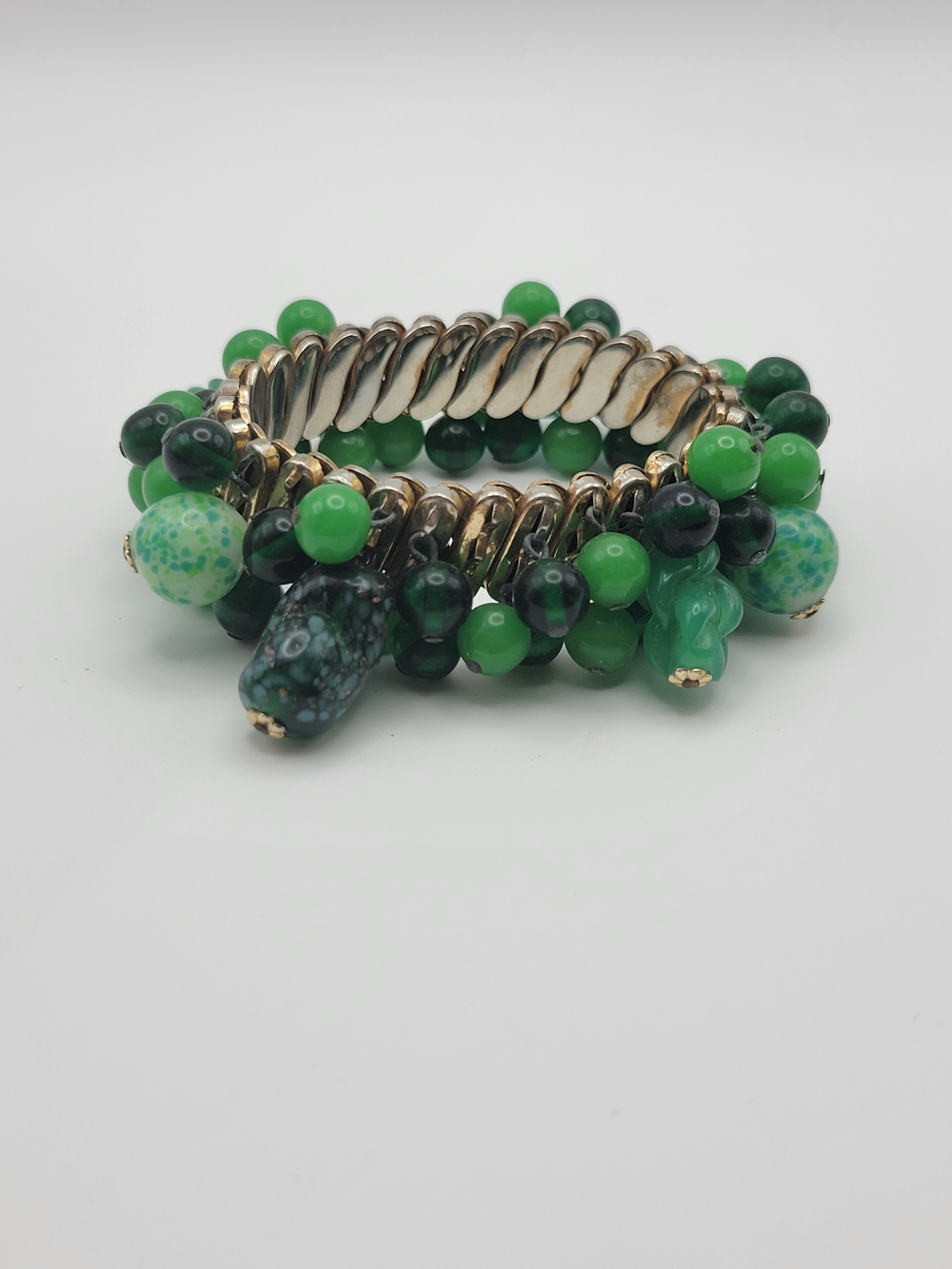 Vintage Green Beaded Can Can Stretch Bracelet